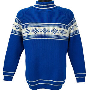 Vintage Fair Isle Nordic Turtleneck Sweater Knit Long Sleeve Blue S Small